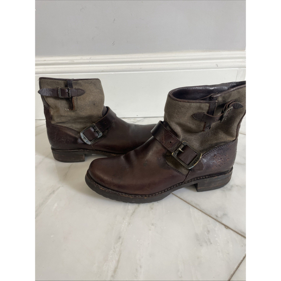 Frye, Women’s 7.5, Dark Brown Chocolate Leather And Canvas Low Buckle Ankle Boot - Picture 11 of 11
